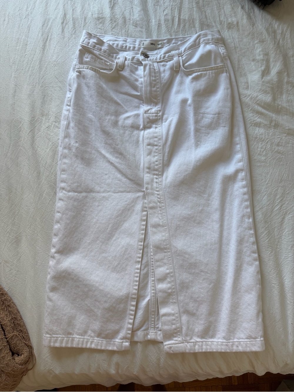 Mango White Midi Denim Pencil Skirt with Center Front Slit - Picture 2 of 3